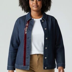 Ios Women's Denim Cotton Blend Jacket Blue w/embroidered paisley floral & jewels